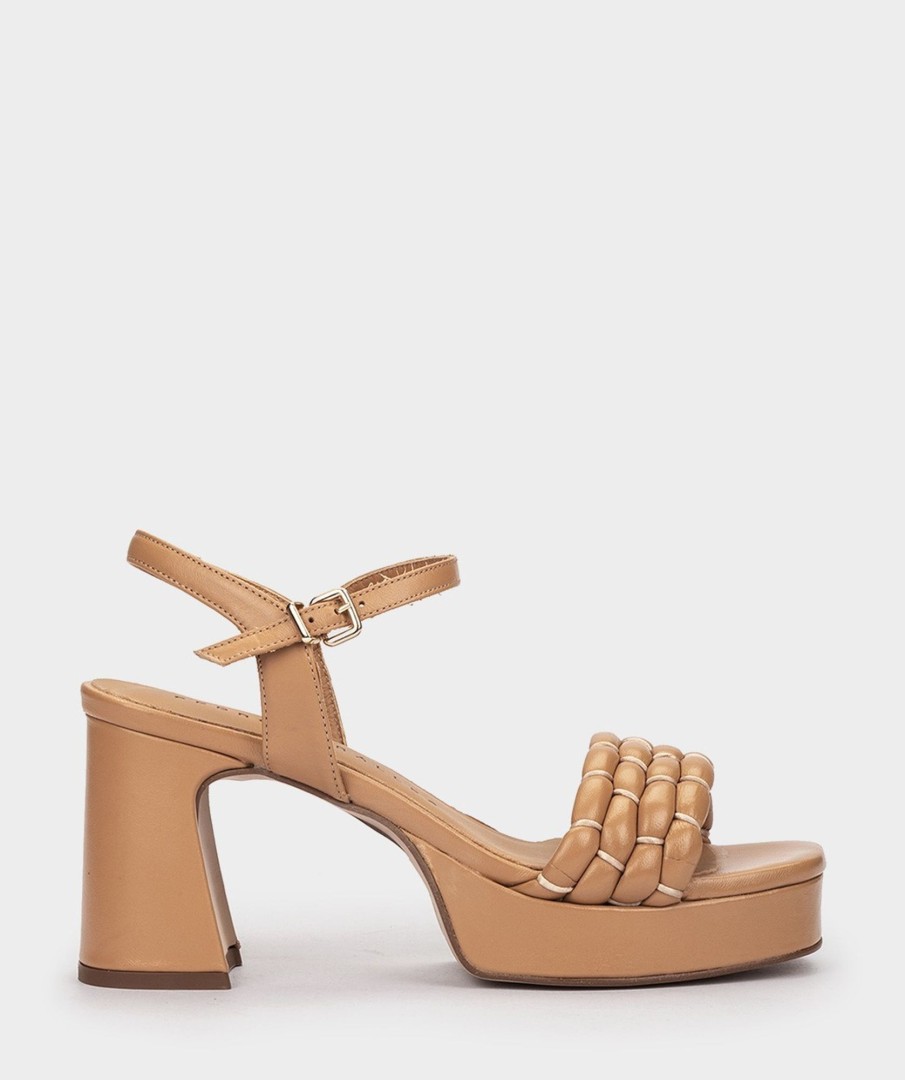 Clearance Benagil Sandalias De Tacon De Piel En Color Camel Con Plataforma Sandalias De Tacon