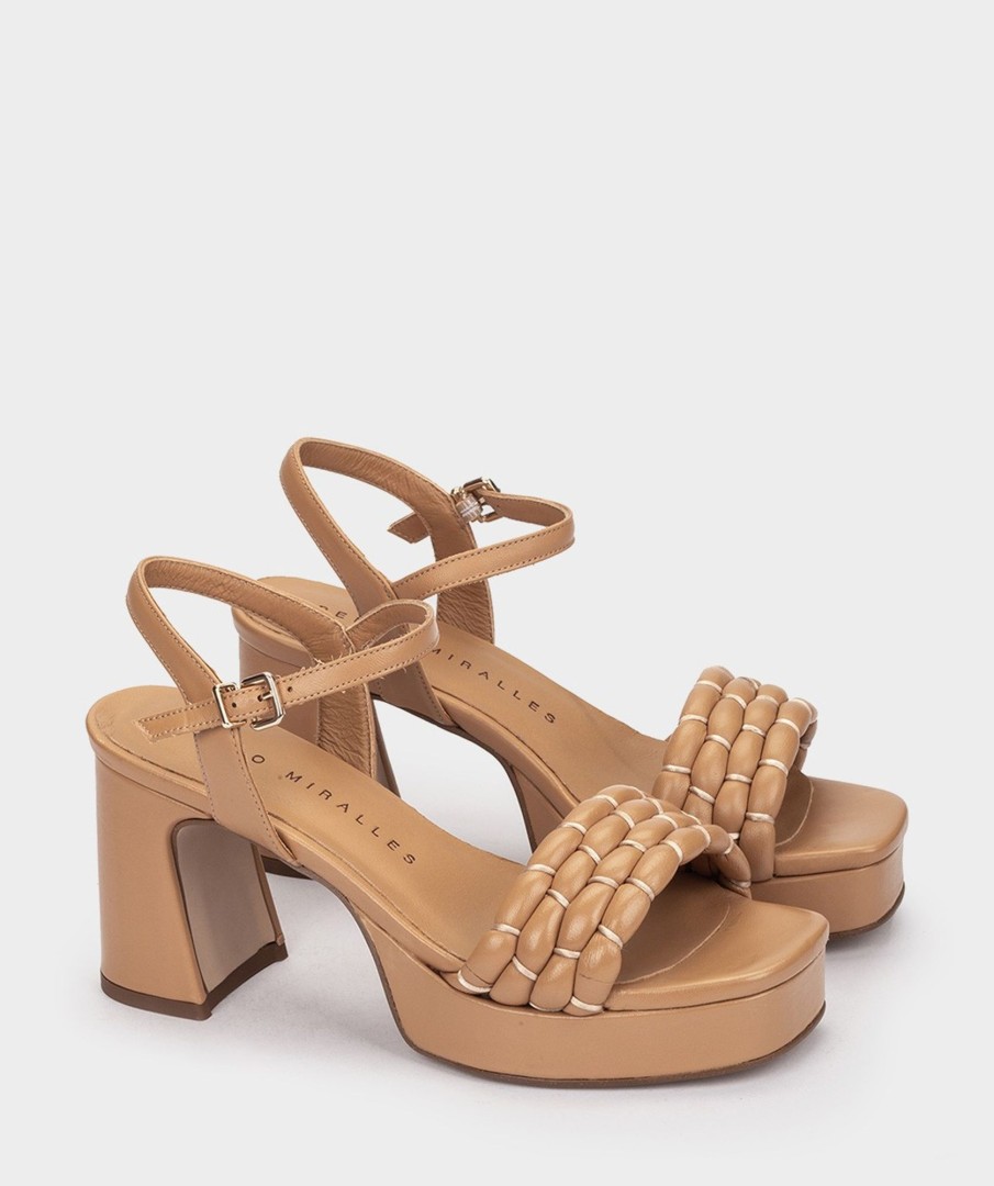 Clearance Benagil Sandalias De Tacon De Piel En Color Camel Con Plataforma Sandalias De Tacon