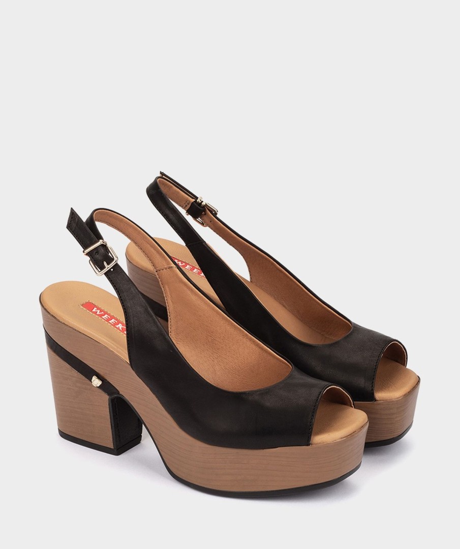 Online Tuzla Cunas Peep Toe De Piel En Color Negro Sandalias De Tacon