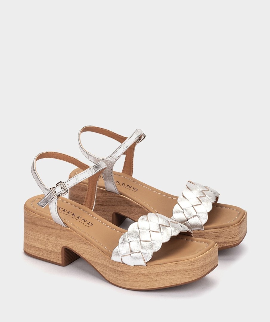 Clearance Kansas Sandalias De Piel De Color Plata Con Tacon Y Plataforma Efecto Madera. Sandalias De Tacon