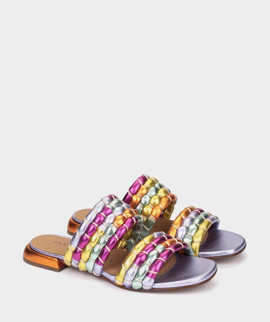 Hot Fornells Sandalias Planas De Piel Metalizada Multicolor. Sandalias Planas