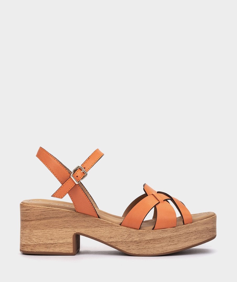 Clearance Montana Sandalias De Piel De Color Naranja Con Tacon Y Plataforma Efecto Madera. Sandalias De Tacon