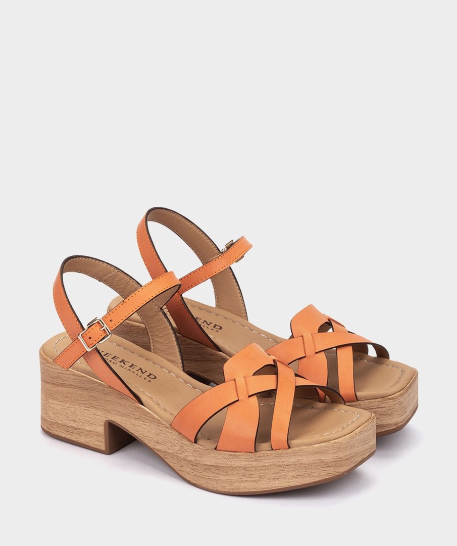 Clearance Montana Sandalias De Piel De Color Naranja Con Tacon Y Plataforma Efecto Madera. Sandalias De Tacon